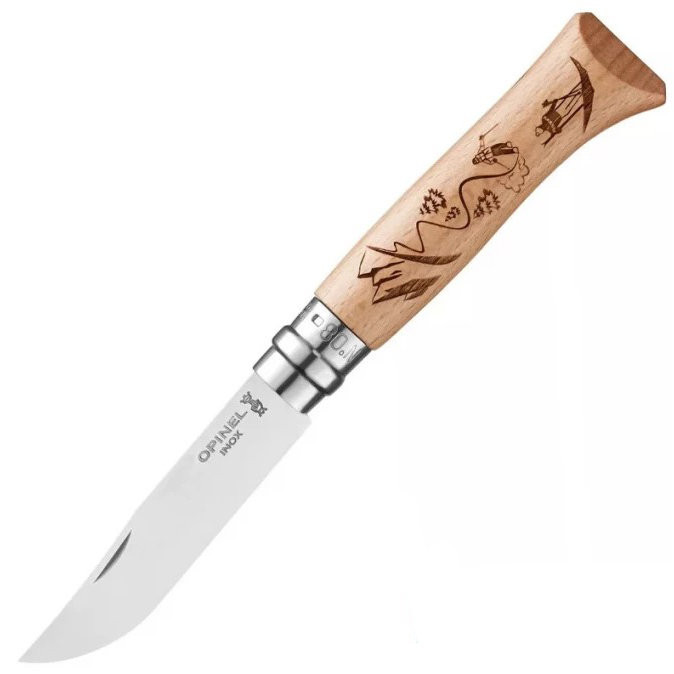 Нож Opinel №8 Alpine adventures нержавеющая сталь рукоять дуб гравировка лыжи